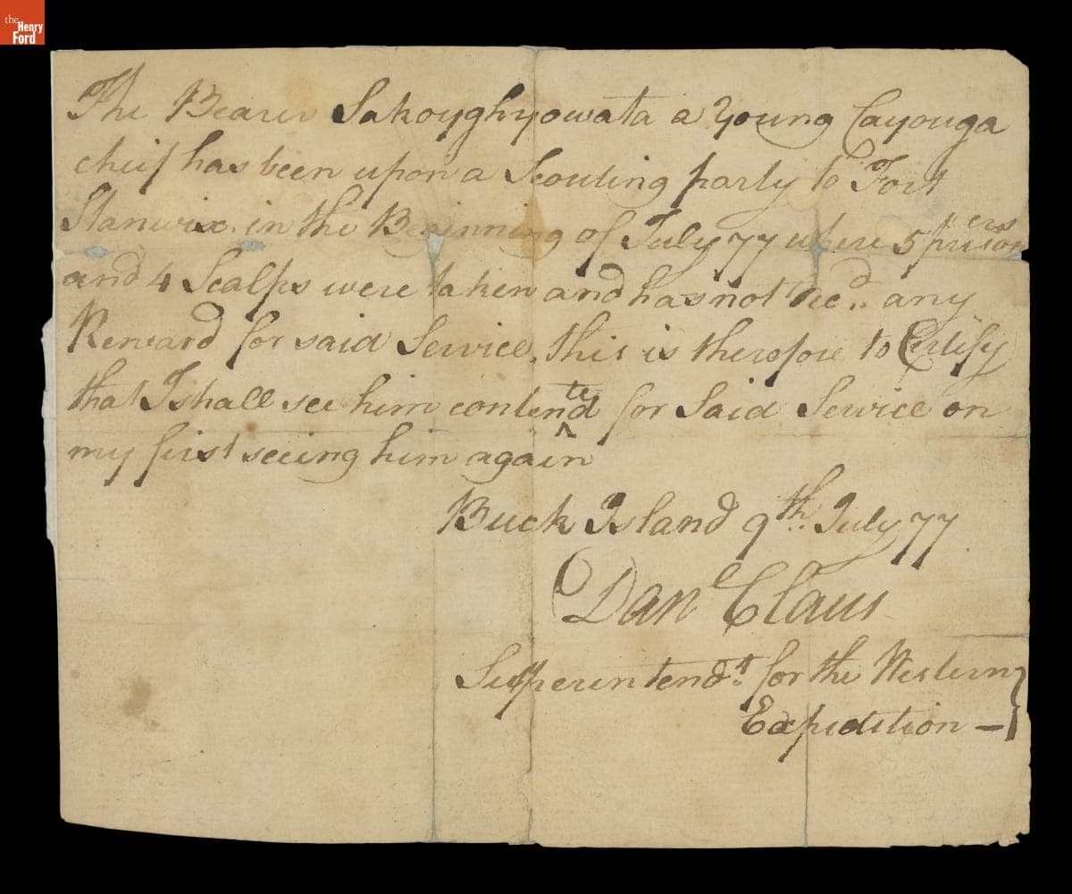 Affadavit Signed by Daniel Claus, Superintendent for the Western Expedition, July 9, 1777