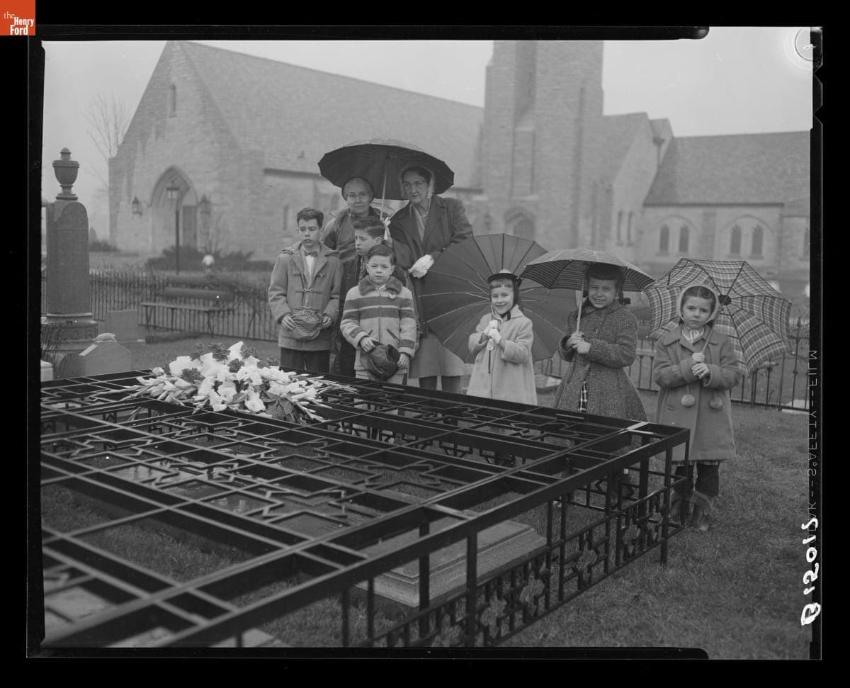 Edison Institute Schools Teachers Emma Lucile Webster and Ardith Tennant Accompany Schoolchildren in Placing Flowers on Henry Ford's Grave, April 5, 1957