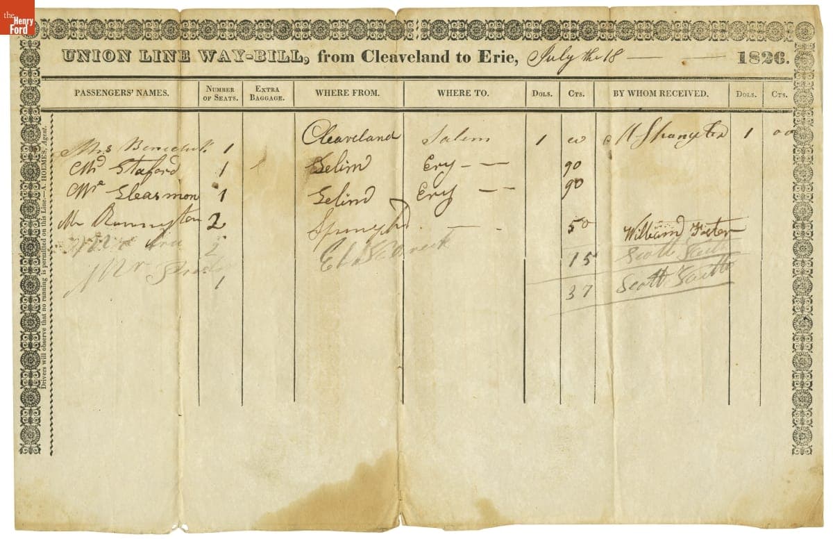 "Union Line Waybill, from Cleaveland to Erie," Ohio, 1826