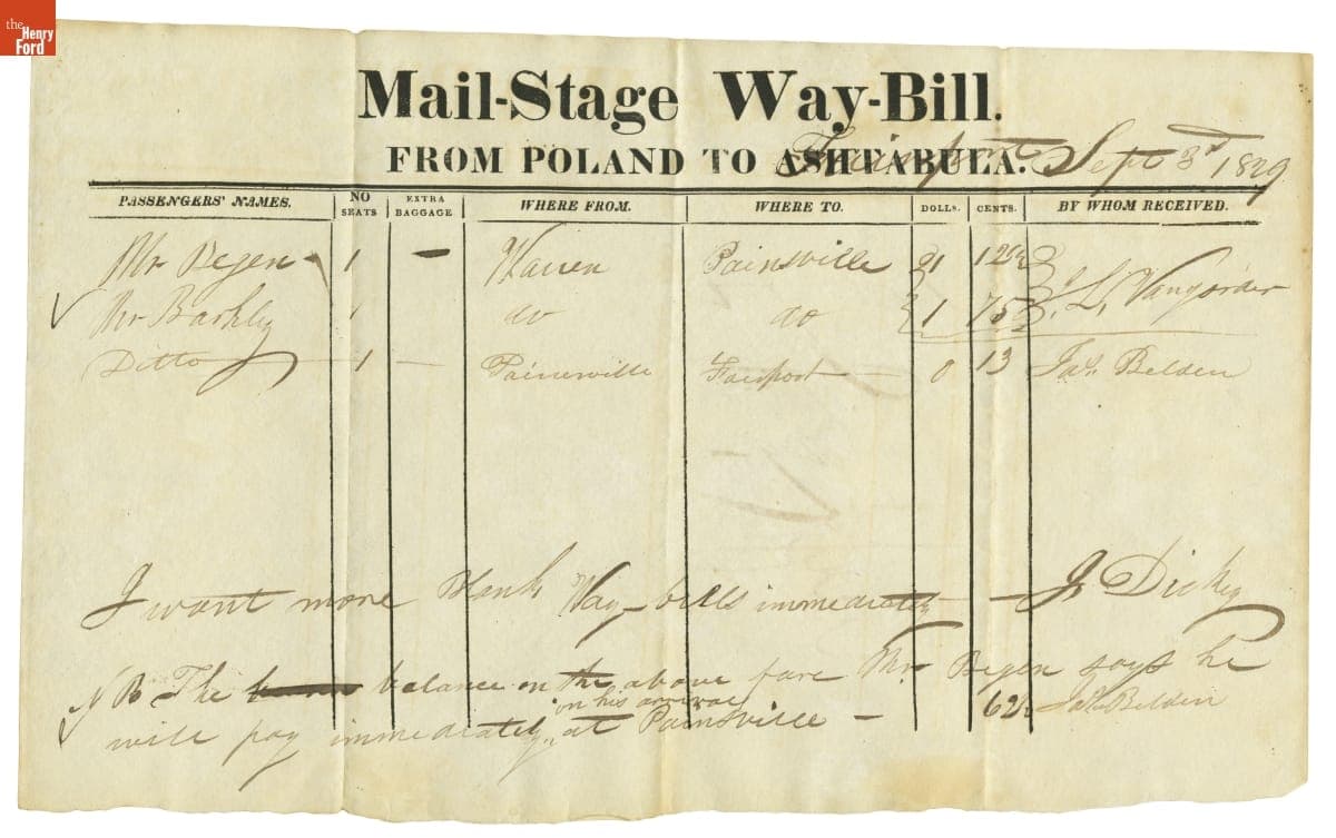 Mail-Stage Waybill from Poland to Fairport, Ohio, 1829