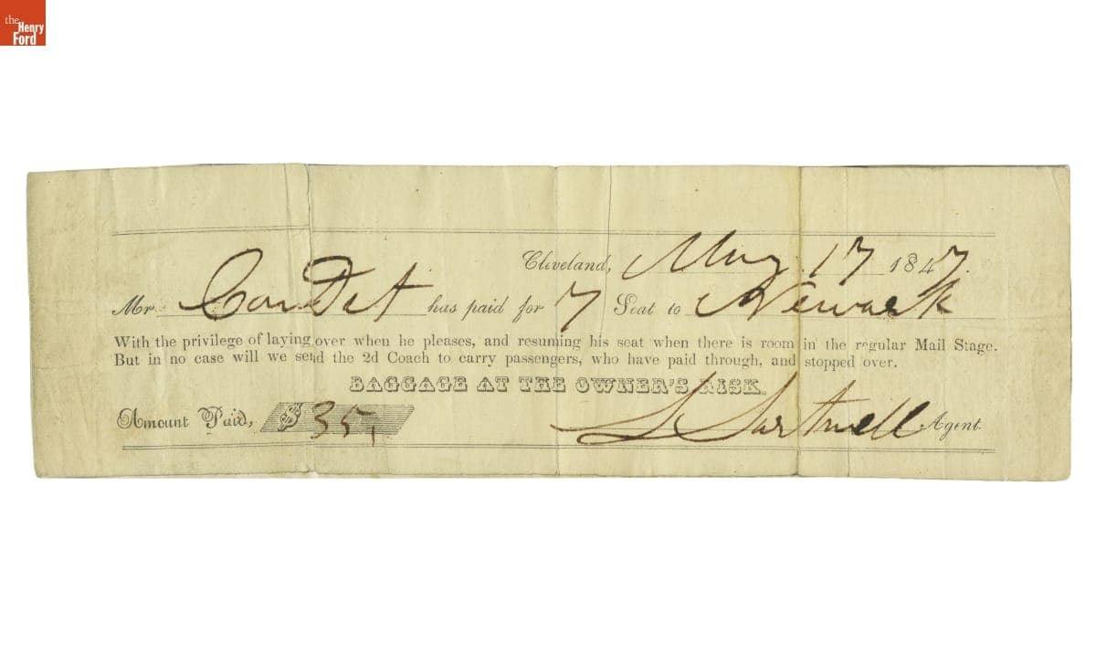 Receipt for Paid Passage on a Mail Stage from Cleveland, Ohio to Newark, New Jersey, 1847