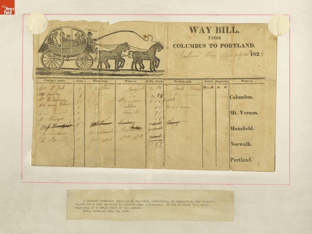 Waybill for Stagecoach Travel from Columbus to Portland, Ohio, 1824