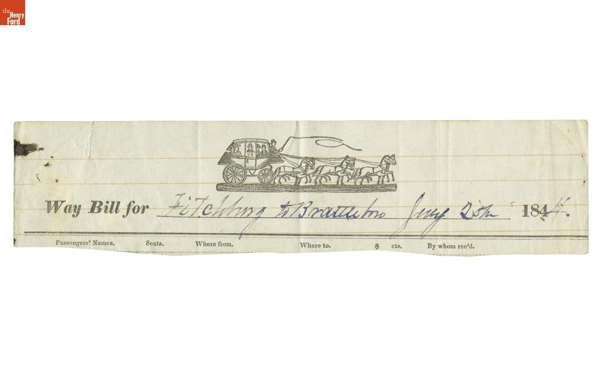 Waybill for Stagecoach Travel between Fitchburg, Massachusetts and Brattleboro, Vermont, 1844