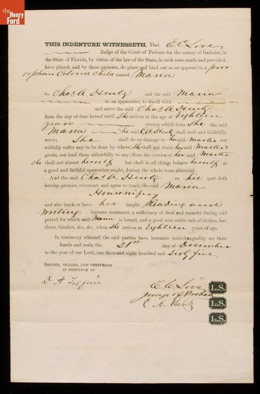 Indenture for "...Colored Child Named Maria,." December 21, 1865