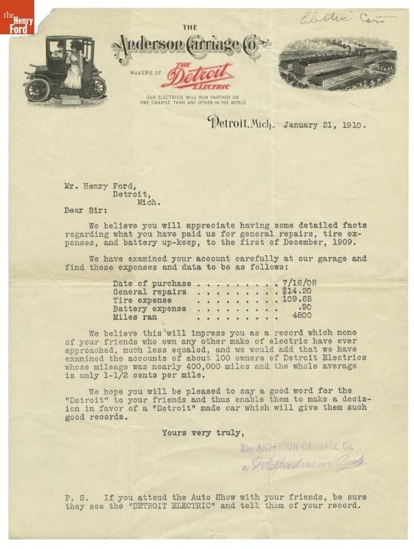 Anderson Carriage Company Letter to Customer Henry Ford about His Detroit Electric Car, 1910