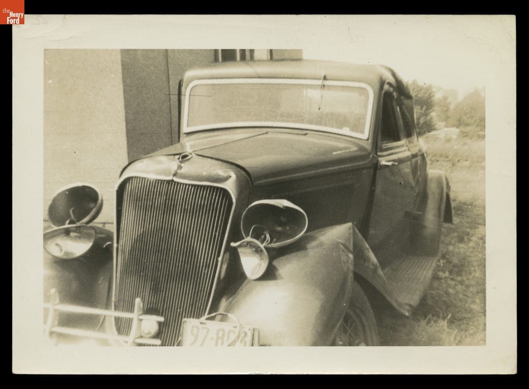Aftermath of Roll-over Accident in 1933 Dodge Coupe, circa 1945