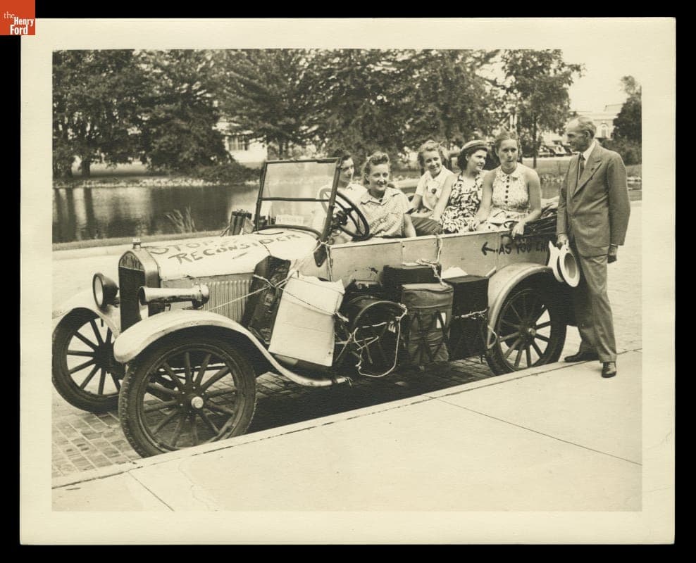 Young Women Travelers from Bradford, Illinois in Their 1926 Ford Model T, Meeting Henry Ford in Dearborn, Michigan, August 1938