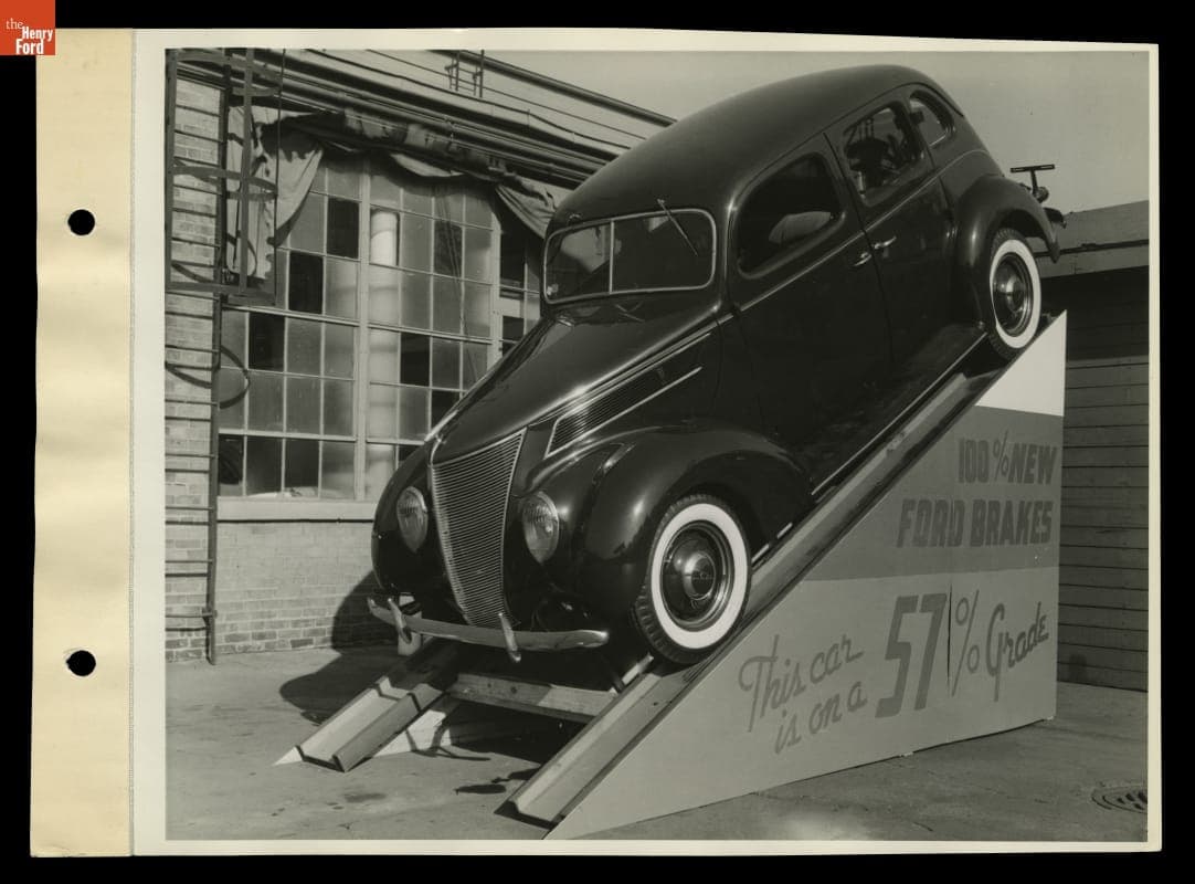 1937 Ford V-8 Car on Ramp to Demonstrate its Braking Efficiency