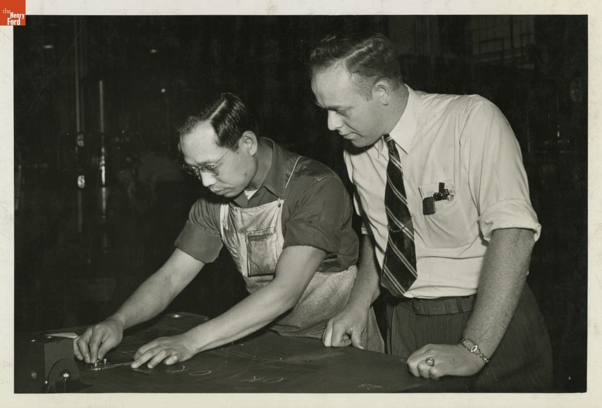 Tool and Die Apprentice from China, with Teacher at Henry Ford Trade School, Dearborn, Michigan, 1945