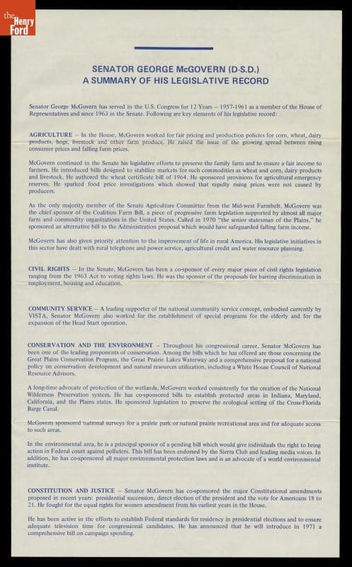Brochure, "Senator George McGovern, A Summary of His Legislative Record, 1972