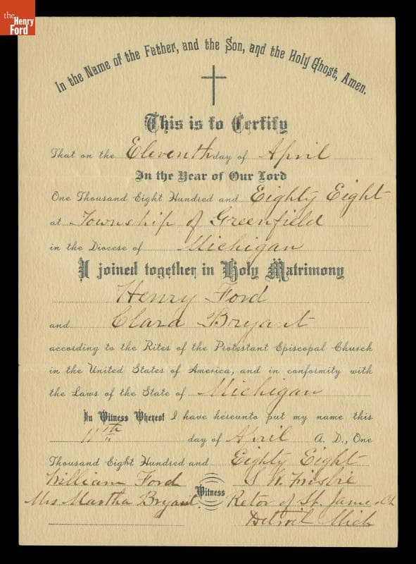 Marriage Certificate for Henry Ford and Clara Bryant, April 11, 1888