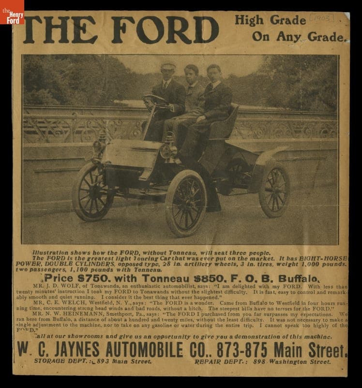 Advertisement for the 1903 Ford Model A Runabout, "Ford High Grade on Any Grade"
