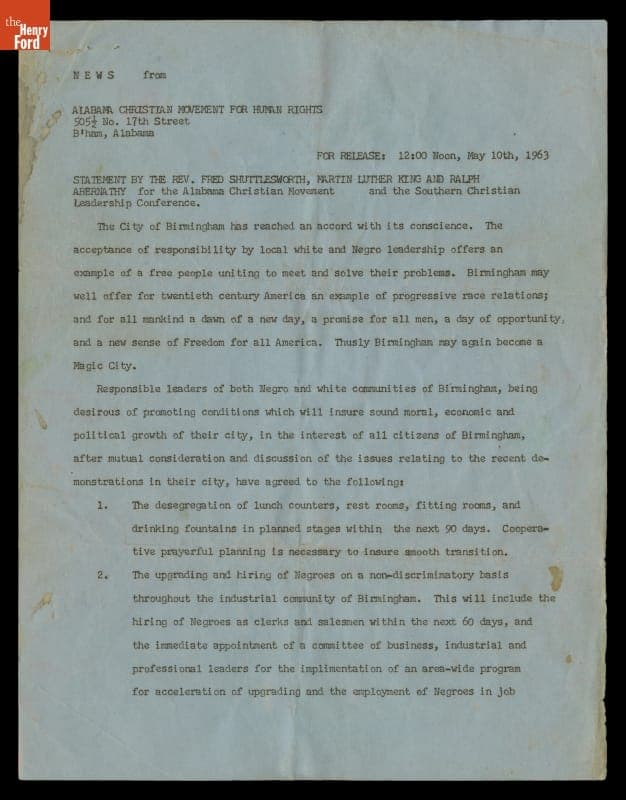 Press Release on the Birmingham Campaign, May 10, 1963