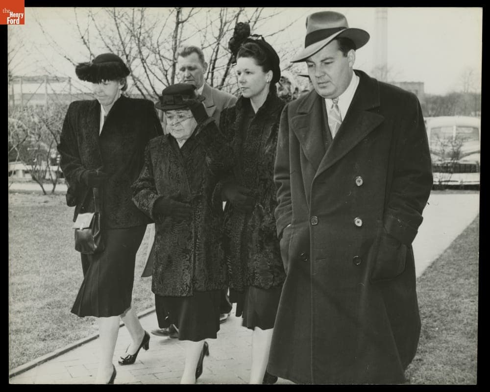 Clara Ford and Bryant Family Arriving at Lovett Hall Where Henry Ford Lies in Repose, April 9, 1947
