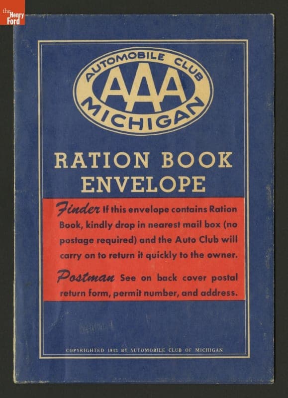 Automobile Club of Michigan Ration Book Folder with Two Coupon Envelopes, 1943