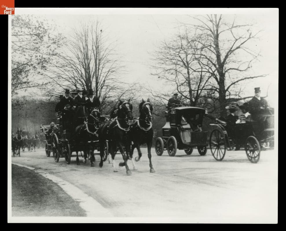 Riker or Columbia Electric Car Passing Coach and Four, Central Park, New York City, circa 1900
