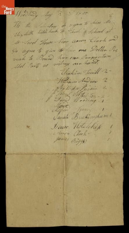 Agreement to Hire Elizabeth Hitchcock to Teach School, May 2, 1800