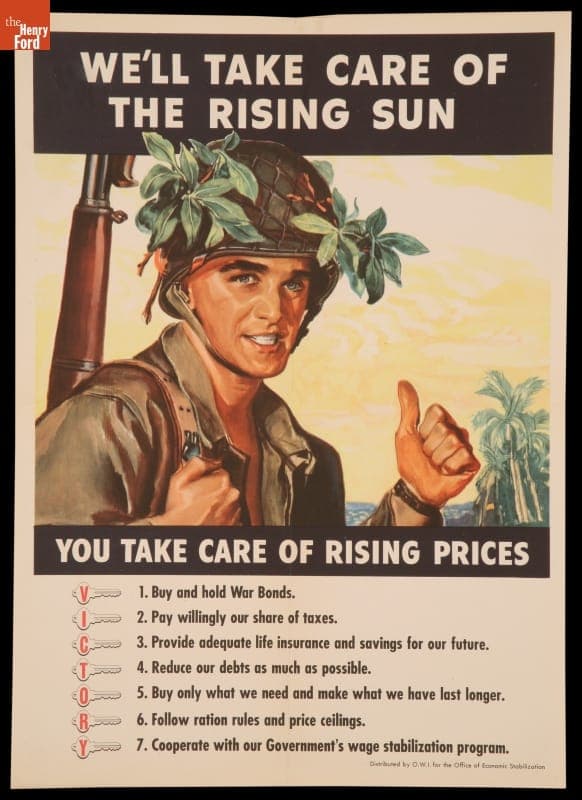 World War II Poster, "We'll Take Care of the Rising Sun, You take Care of Rising Prices," circa 1943