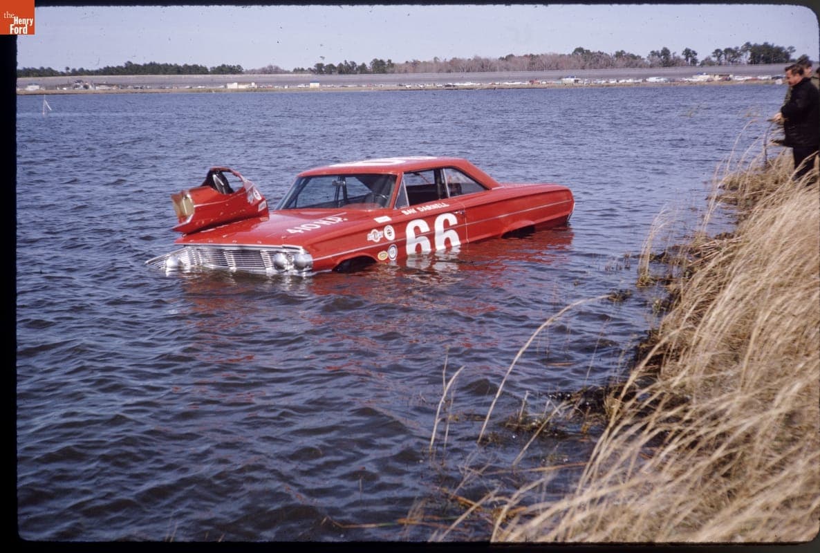 Bay Darnell's Ford Galaxie in Lake Lloyd, Daytona International Speedway, February 8, 1964