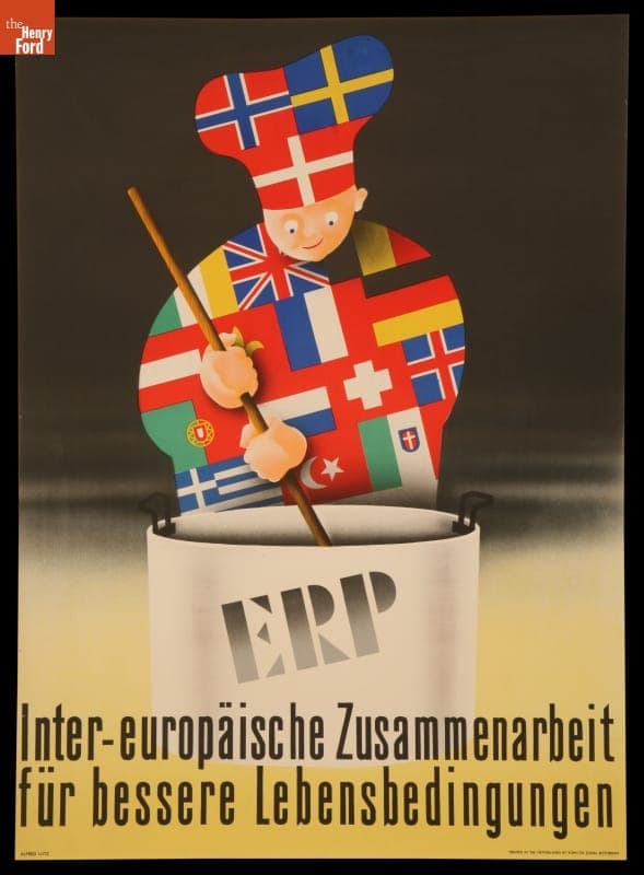 European Recovery Program Poster, "Inter-europaische Zusammenarbeit fur bessere Lebensbedingungen," circa 1950