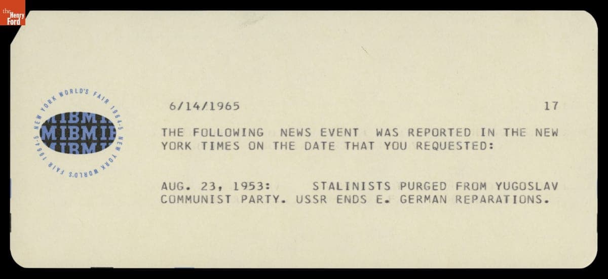 Souvenir Card from IBM Pavilion at the 1964/1965 New York World's Fair, "News Event Reported in the New York Times August 23, 1953"