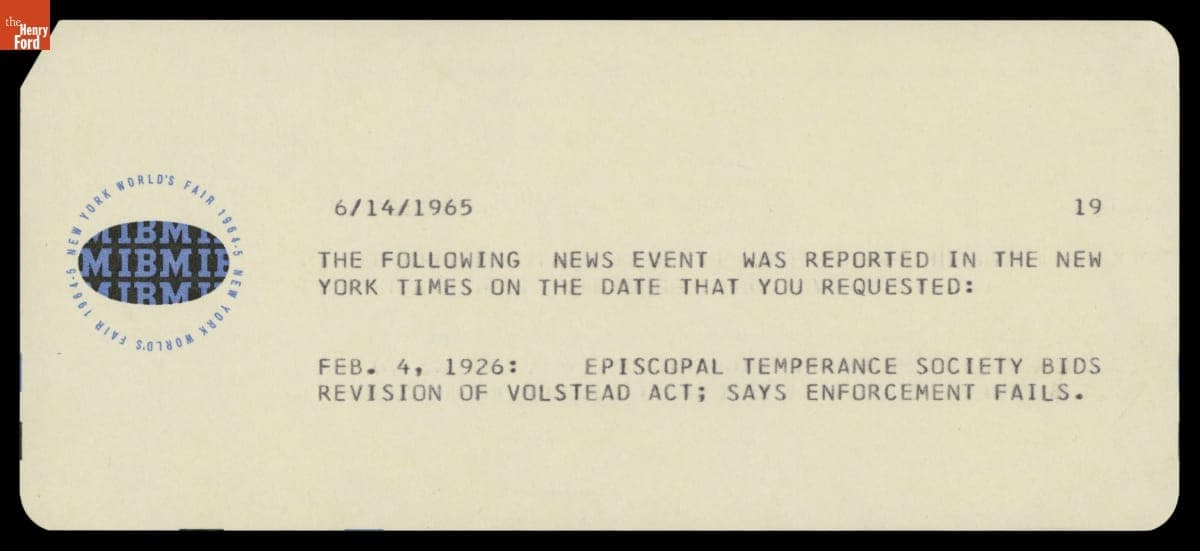 Souvenir Card from IBM Pavilion at the 1964/1965 New York World's Fair, "News Event Reported in the New York Times February 4, 1926"
