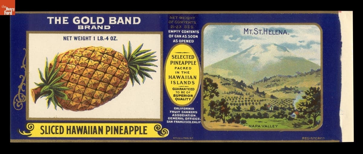 Can Label, "Gold Band Brand Sliced Hawaiian Pineapple," 1898-1930