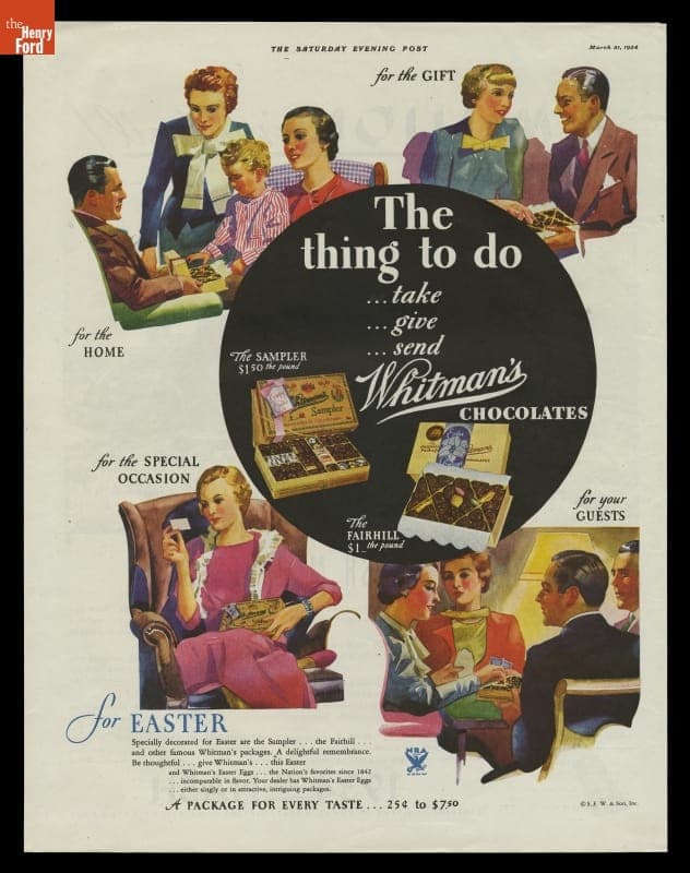 Advertisement for Whitman's Chocolates, March 1934, "The Thing to Do...Take...Give...Send Whitman's Chocolates for Easter"