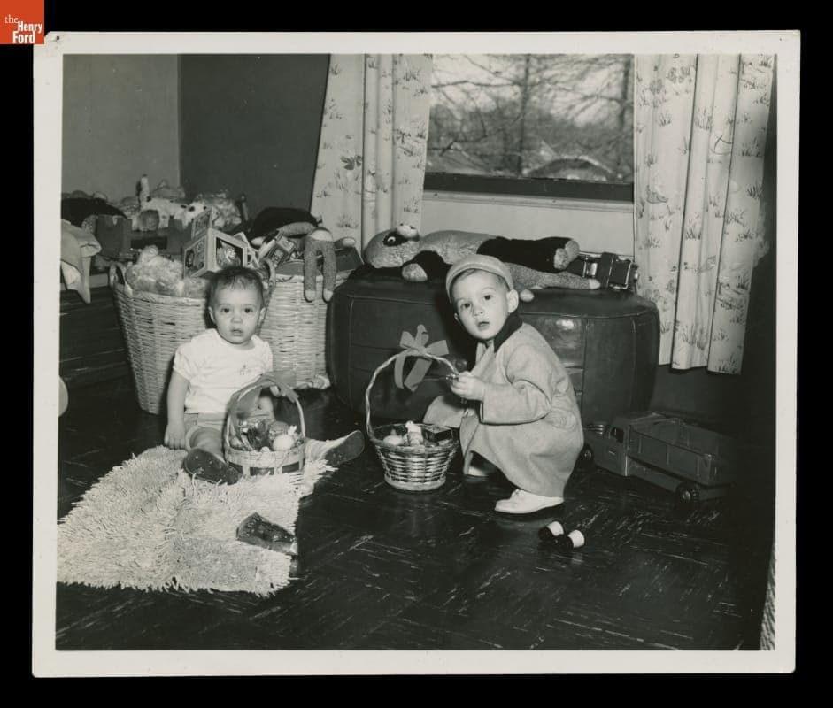 Two Boys with Easter Baskets and Toys, circa 1955