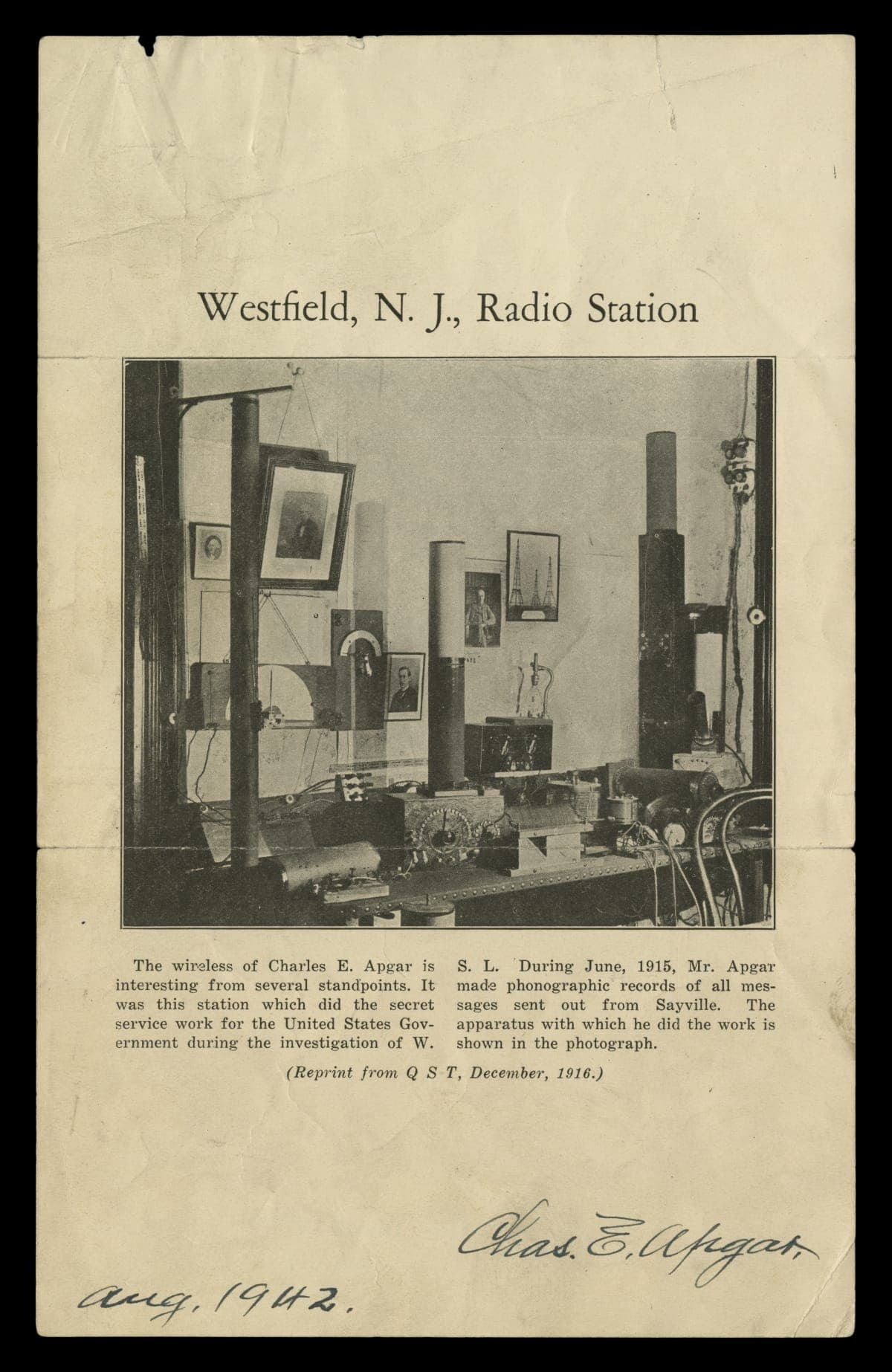 Reprint from QST Magazine of December 1916, "Westfield, N. J., Radio Station"