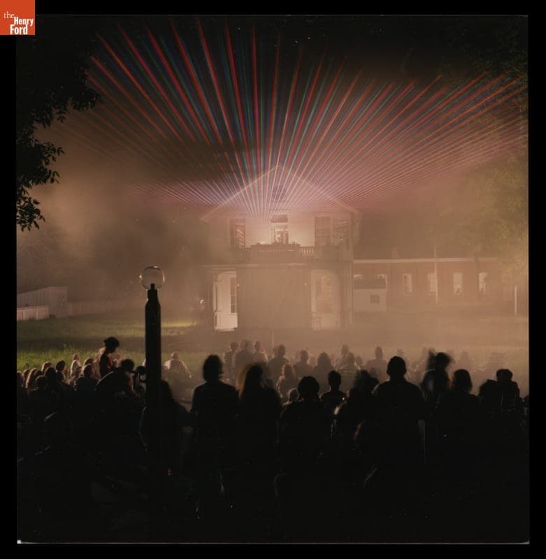 Filming a Laser Show at Menlo Park Laboratory in Greenfield Village for ABC-TV's World of Discovery, May 25, 1989