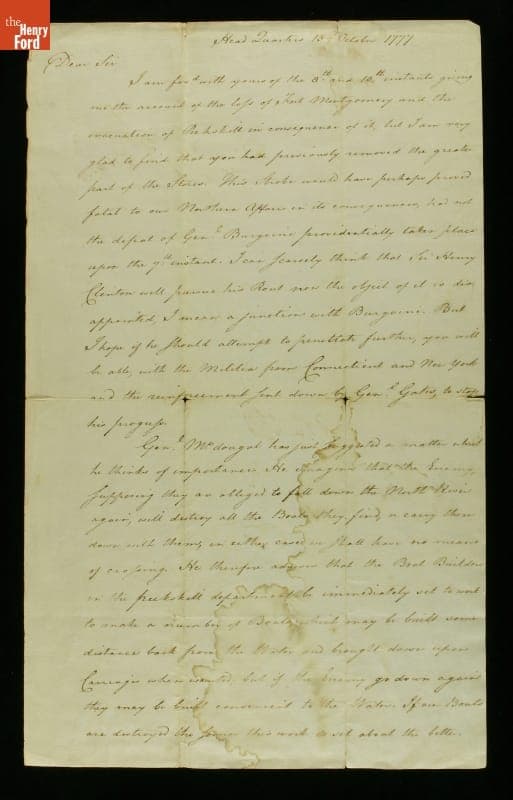 Letter Signed by George Washington to Israel Putnam, October 15, 1777