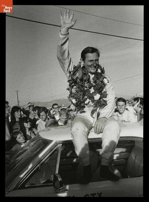 Driver Bruce McLaren, Winner of Los Angeles Times Grand Prix Race, October 29, 1967