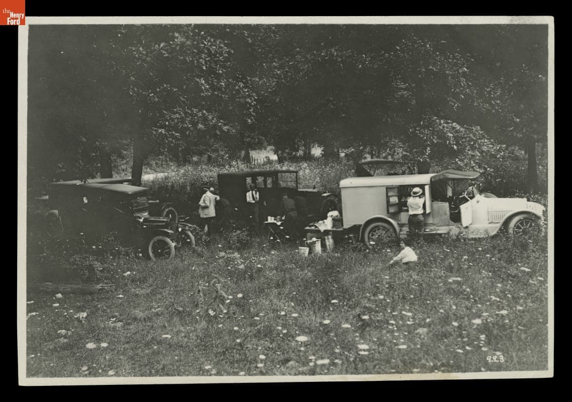 "Vagabonds" Camping Trip Caravan Stopped in a Field, 1921
