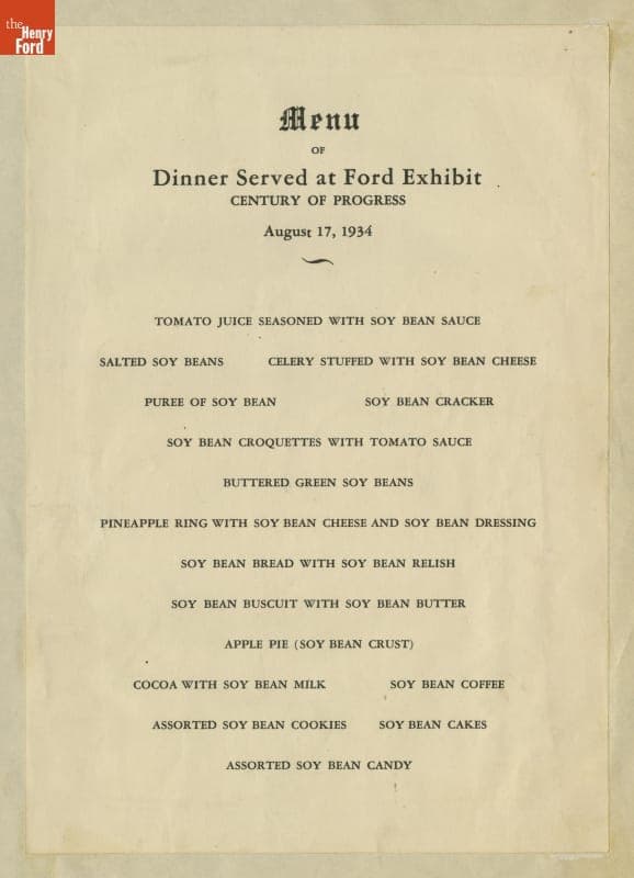 Menu, "Dinner Served at Ford Exhibit, Century of Progress," August 17, 1934