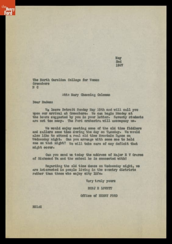 Letter from Benjamin Lovett to Mary Channing Coleman of the North Carolina College for Women, May 2, 1927
