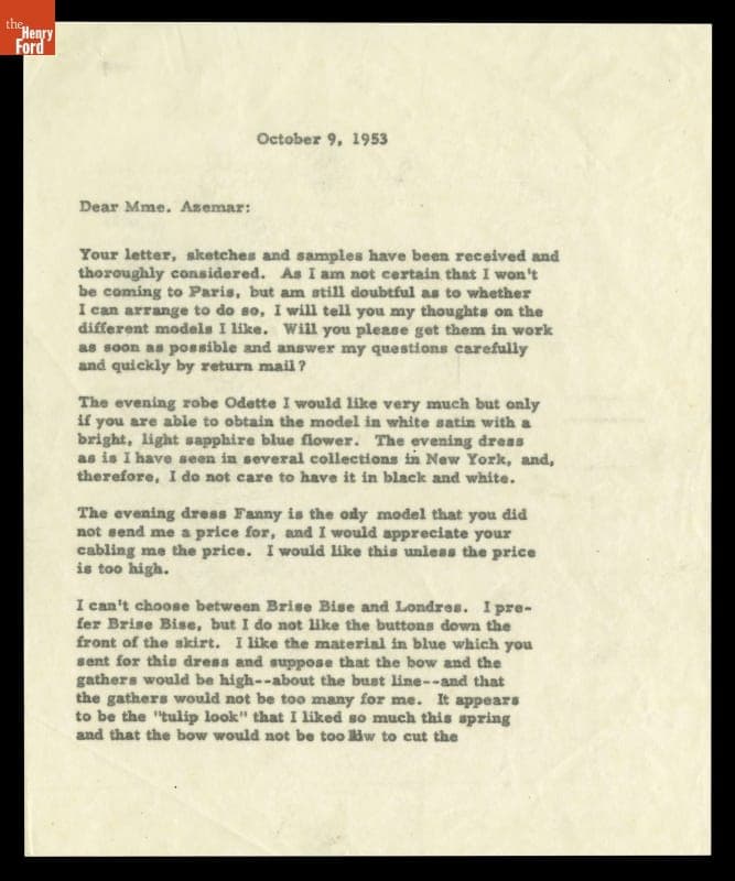 Letter from Elizabeth Parke Firestone to Madame Azemar, House of Dior, October 9, 1953