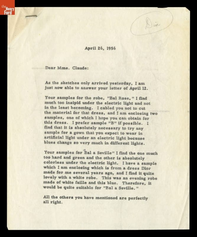 Letter from Elizabeth Parke Firestone to Madam Claude, House of Dior, April 26, 1956