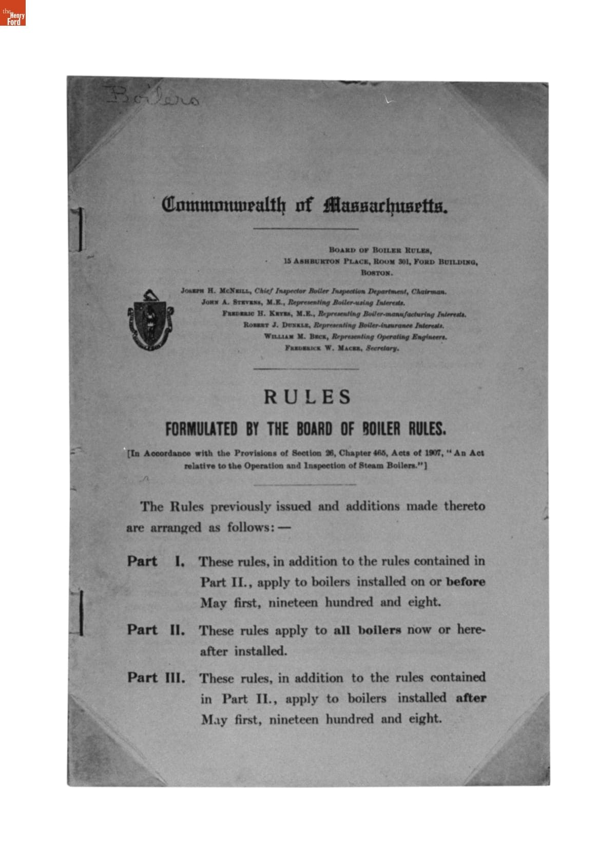 Massachusetts Boiler Rules, 1907-1908