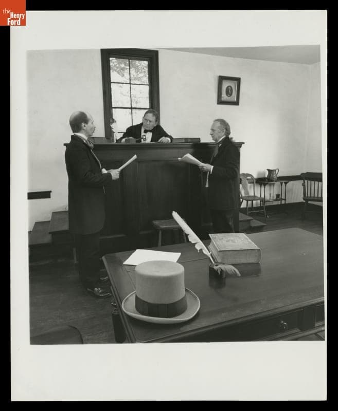 Actors inside Logan County Courthouse, Greenfield Village, 1983