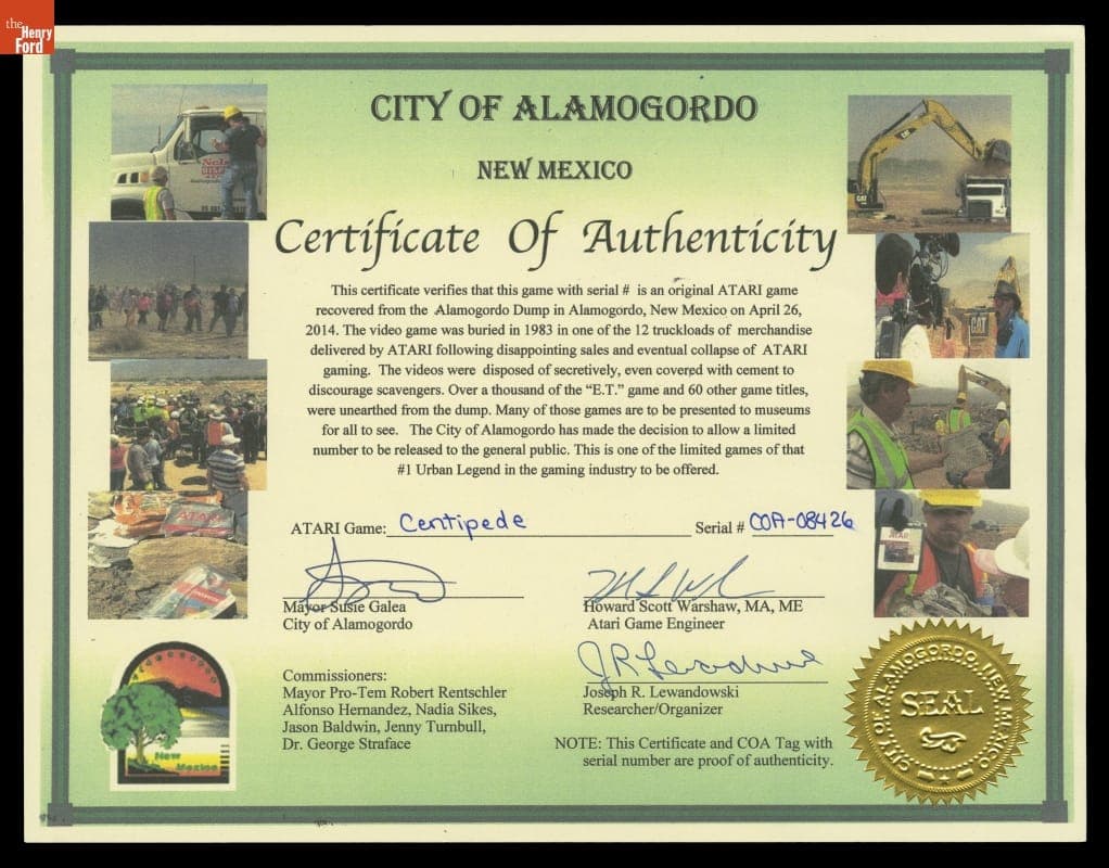 Certificate of Authenticity for Video Game Recovered in 2014 from the 1983 Atari Video Game Burial Site