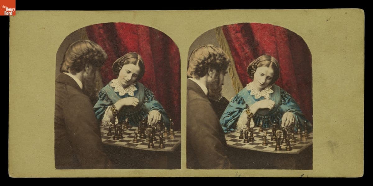 Stereograph, "Playing Chess," circa 1865
