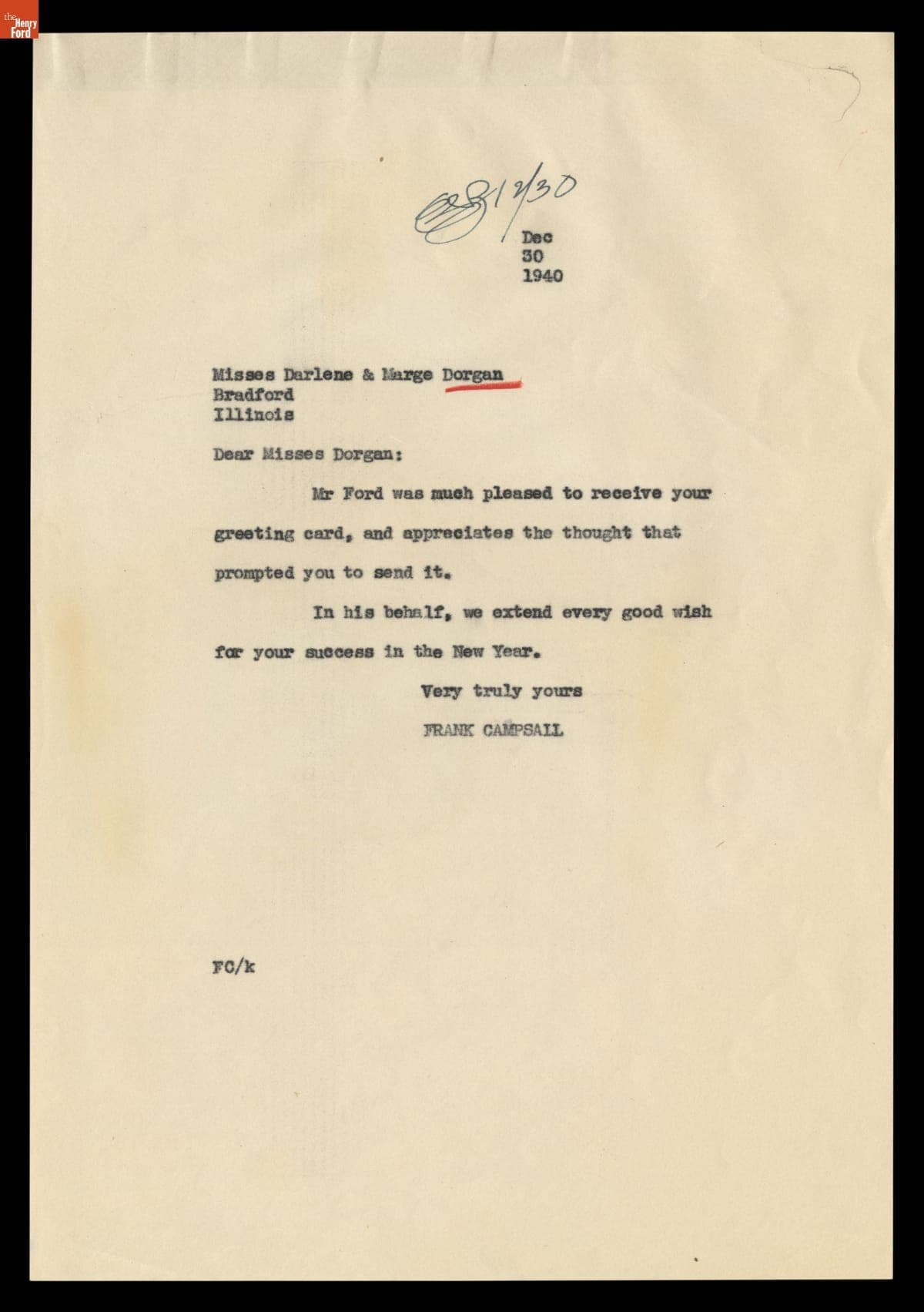 Correspondence between Darlene and Marge Dorgan and the Office of Henry Ford, December 1940