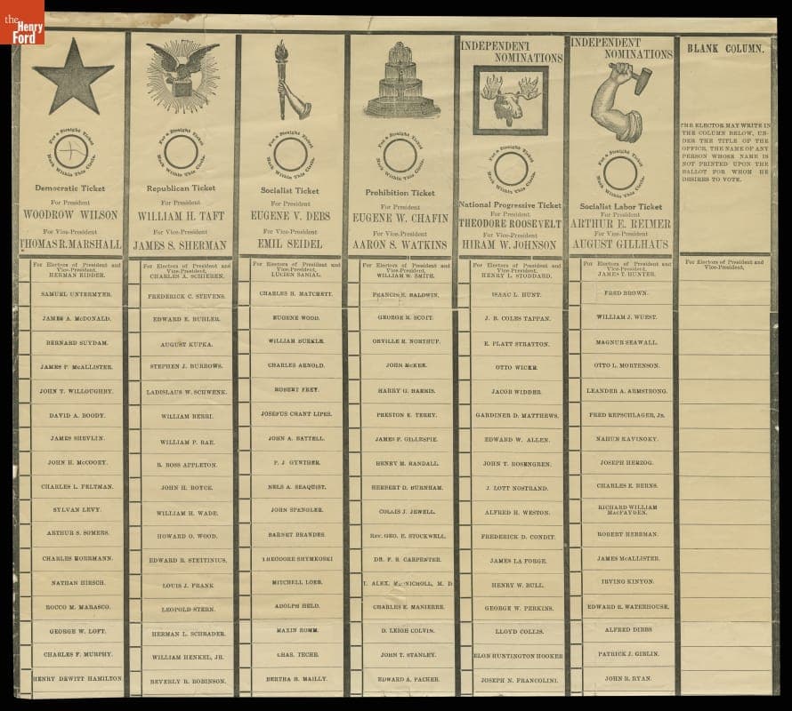 1912 Presidential Election Ballot for the Town of Castile, New York