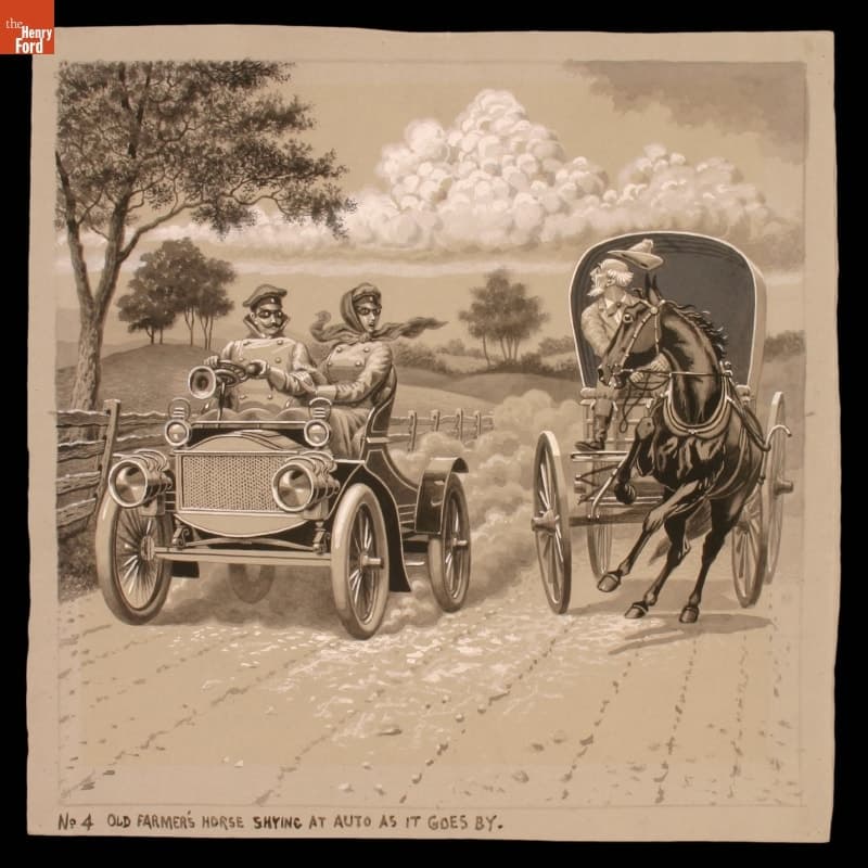 "Old Farmer's Horse Shying at Auto as It Goes By," Drawing for the Magic Lantern Slide Series "Mr. Spurt and His Auto," 1906