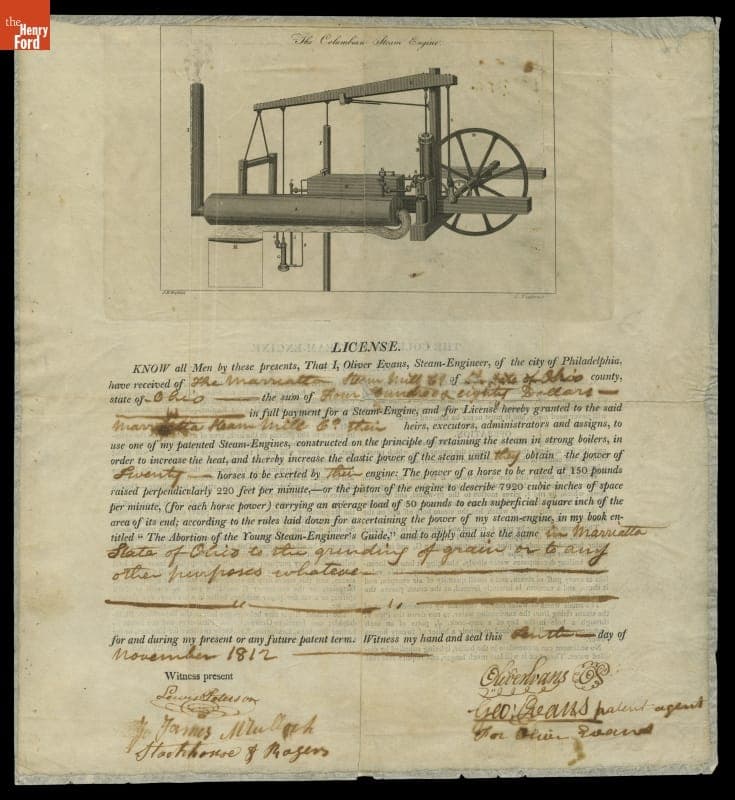 License Granting the Marrietta Steam Mill Company Use of an Oliver Evans Patented Steam Engine, 1812