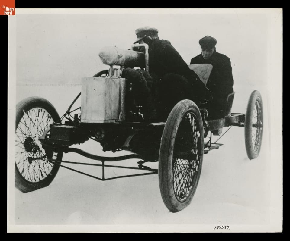 Ed "Spider" Huff and Henry Ford in Arrow Racer on Lake St. Clair, 1904