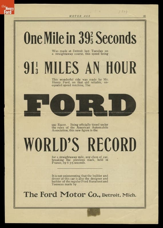 Advertisement for the 1904 Ford Model A, "One Mile in 39-2/5 Seconds, Ford World's Record"