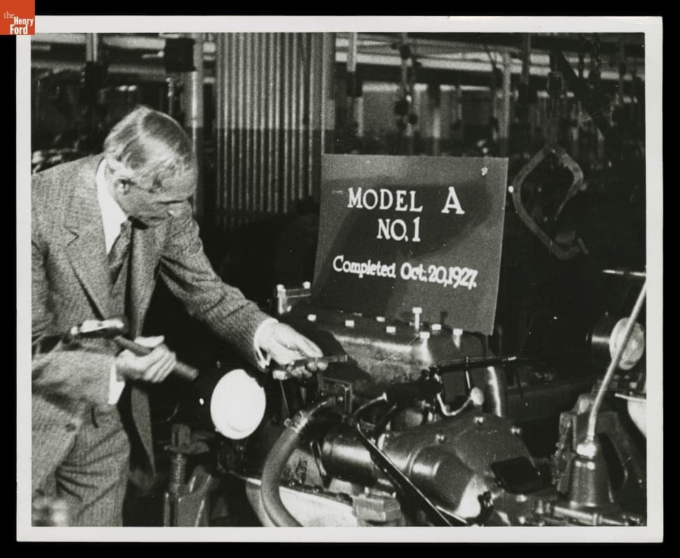 Henry Ford with First 1928 Ford Model A Engine, October 1927