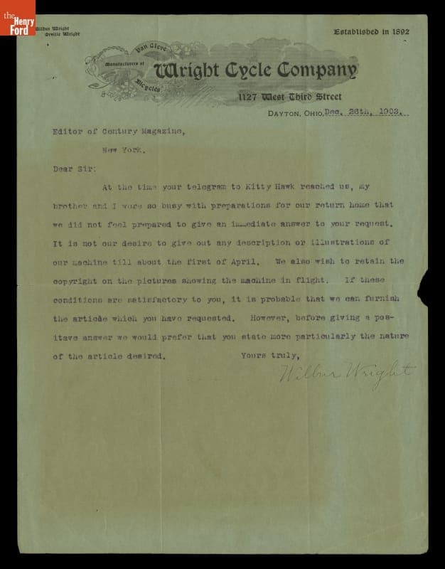 Letter from Wilbur Wright to the Editor of Century Magazine, December 26, 1903